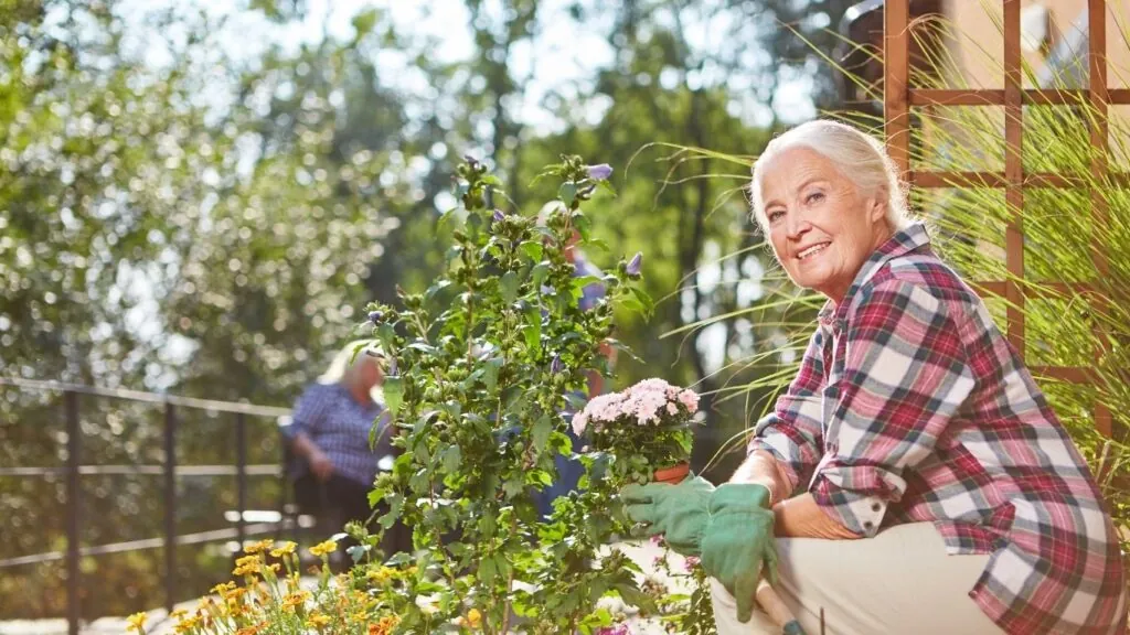 Viver no campo: mulher idosa cuidando de plantas