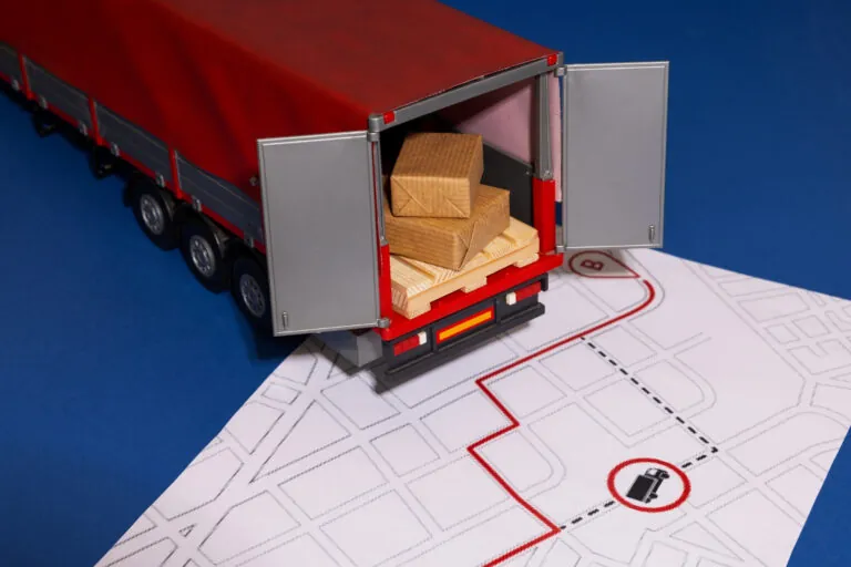 Mudanças nacionais: miniatura de caminhão com a traseira aberta e caixas dentro encima de um mapa com uma linha vermelha mostrando o caminho percorrido.