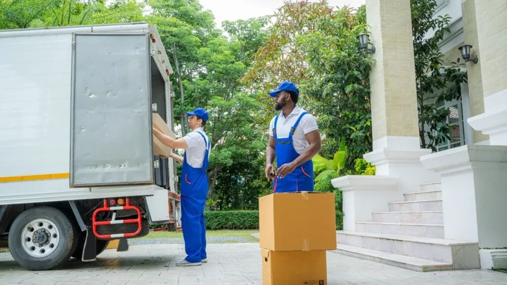 Dois homens descarregando caminhão de mudanças