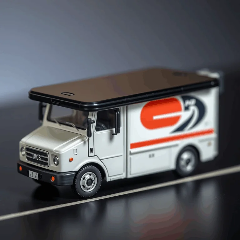 Aplicativos de mudança: celular encima de miniatura de caminhão.