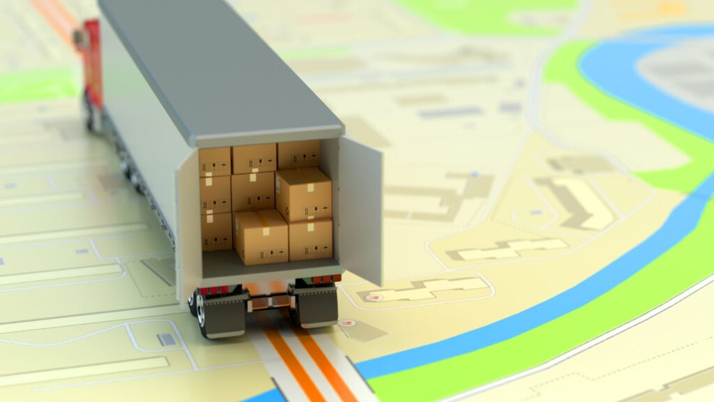 Valor de frete por km: miniatura de caminhão em mapa.