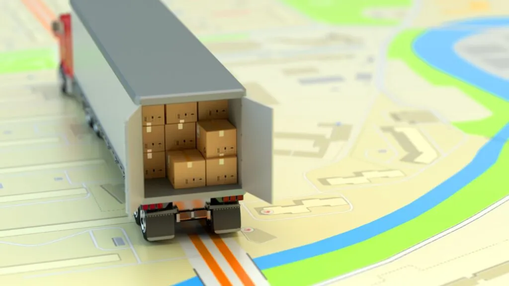 Valor de frete por km: miniatura de caminhão em mapa.