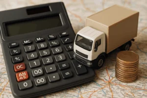 Valor de frete por km: calculadora com miniatura de caminhão e pilha de moedas encima de mapa.