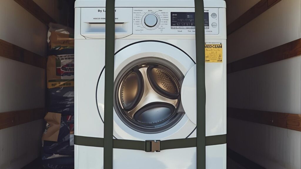 Máquina de lavar dentro de caminhão presa por cintas.