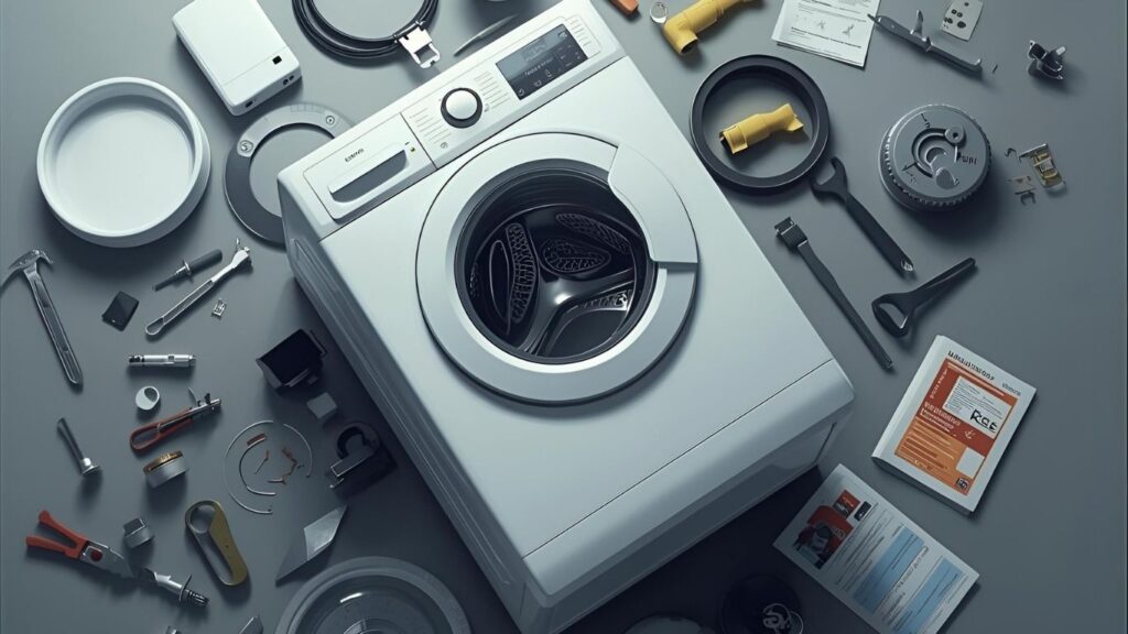 Pode transportar máquina de lavar deitada: Máquina deitada com várias peças soltas em volta.