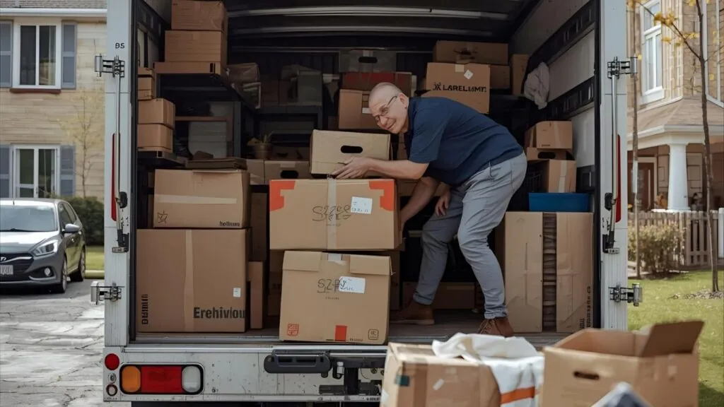 Homem pegando caixas em cima de caminhão.