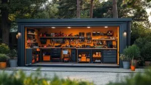 Container para guardar coisas: container aberto pela lateral com ferramentas e bancadas.