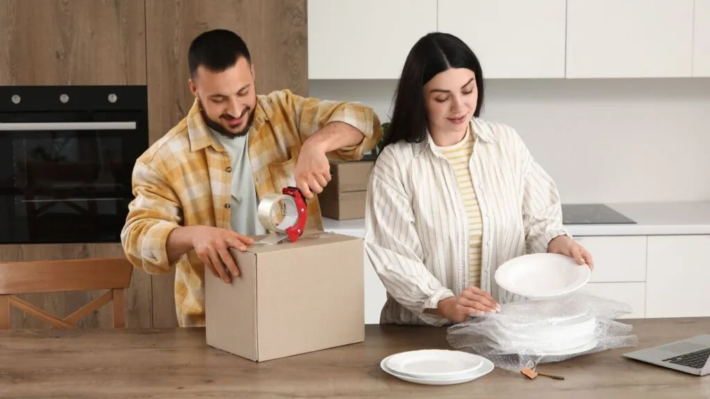 como embalar pratos para mudança: casal embalando pratos.