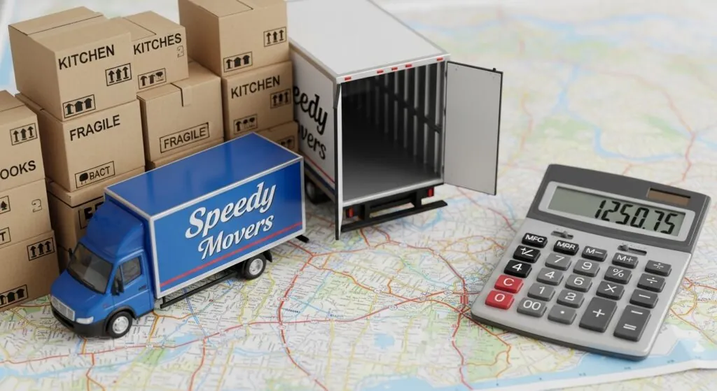 mapa com calculadora, miniatura de caminhão e caixas.