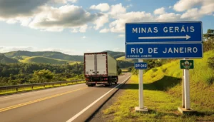 mudança para o Rio de Janeiro: caminhão em estrada passando por divisa de estados.