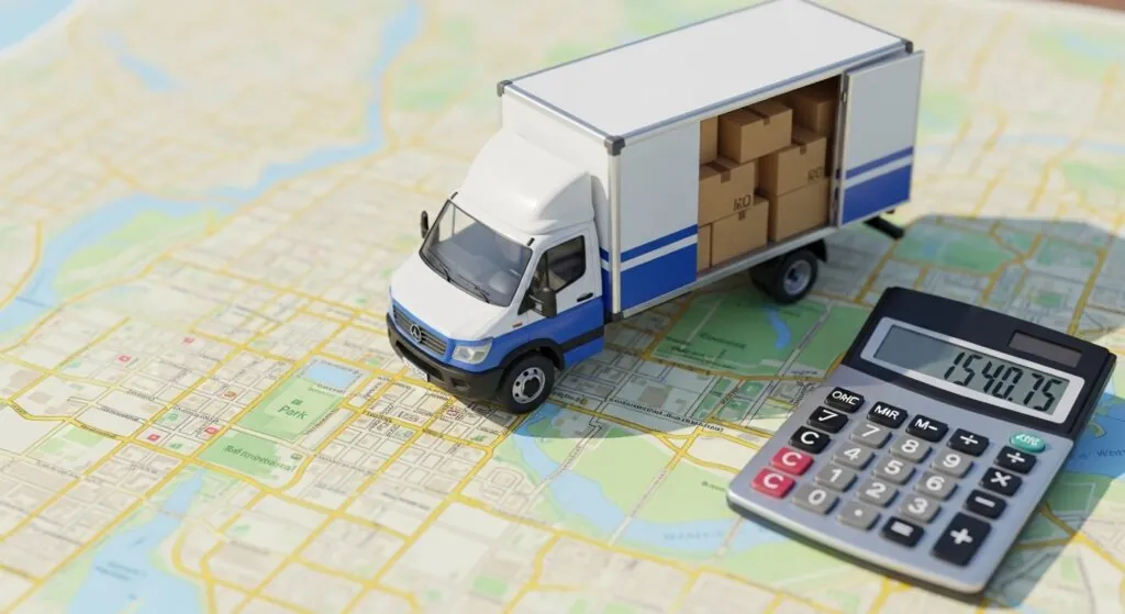 mudança para São Paulo: mapa com calculadora e miniatura de caminhão.