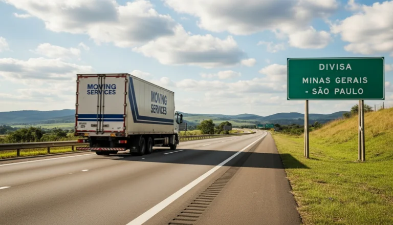 mudança para São Paulo: caminhão em estrada passando por divisa de minas gerais e São Paulo.