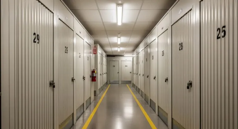 o que é self storage: corredor com diferentes unidades