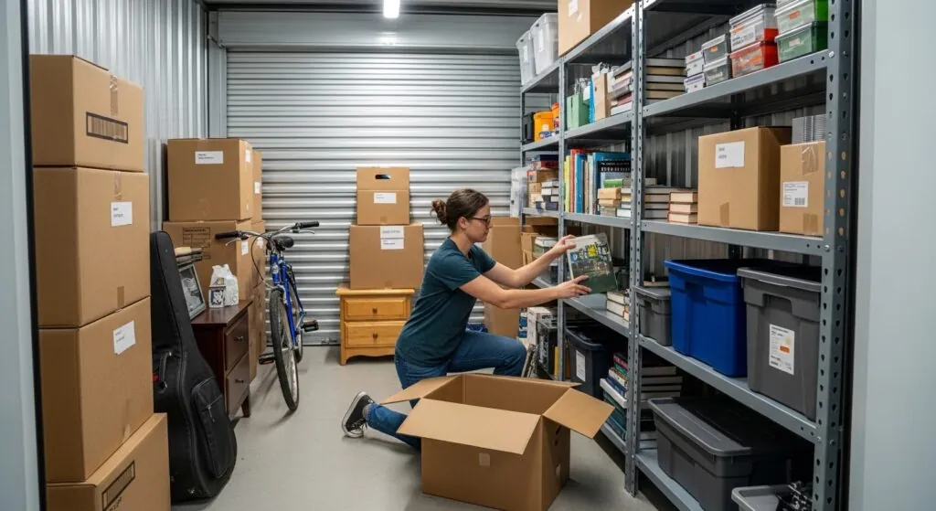 o que é self storage: mulher organizando unidade
