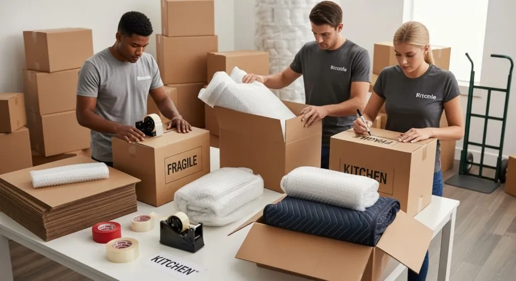 pessoas embalando móveis